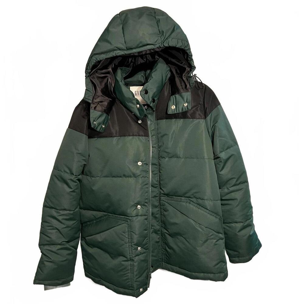 Gap Men's Green and Black Puffer Jacket with Hood